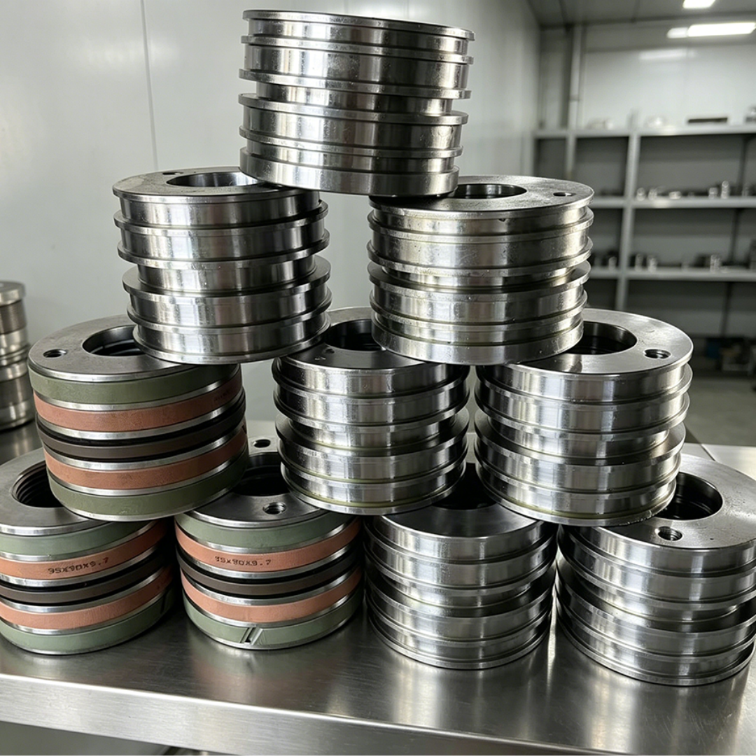 Stack of finished cylinder pistons for excavator hydraulic cylinder